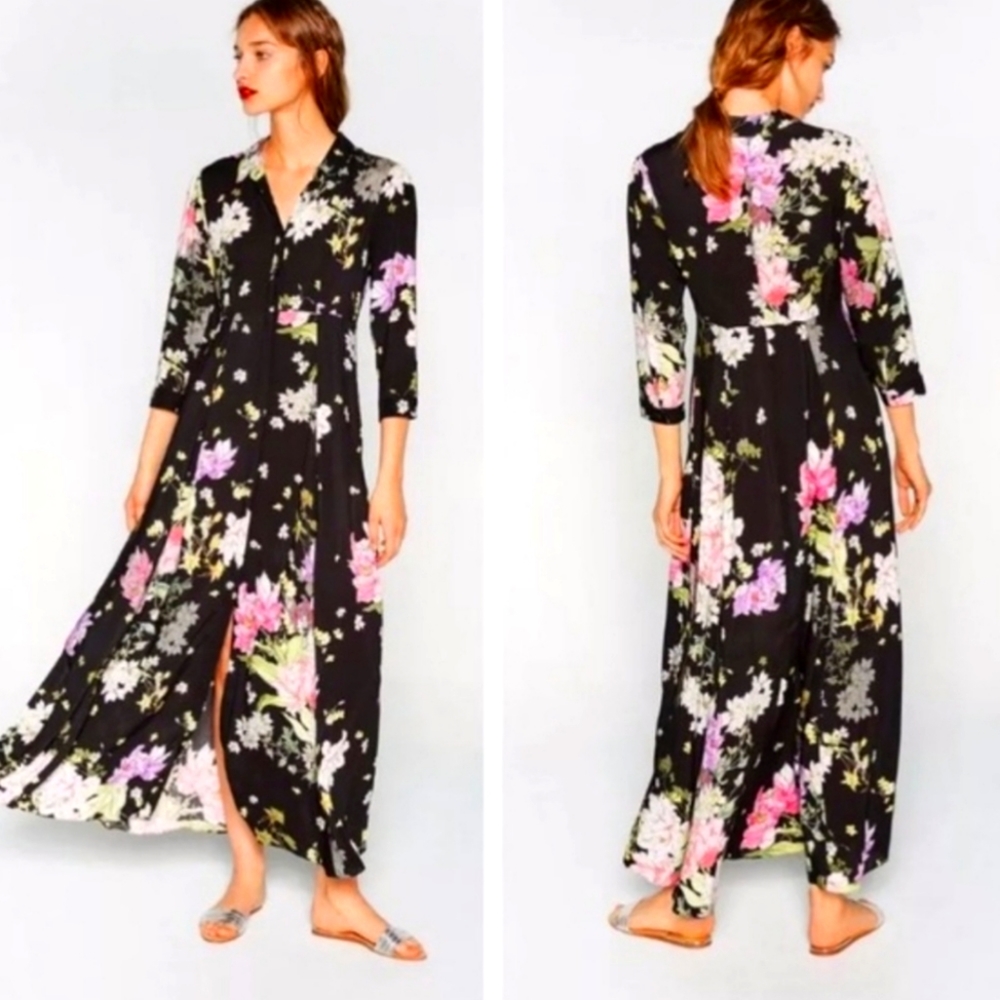 Zara floral maxi shirt dress